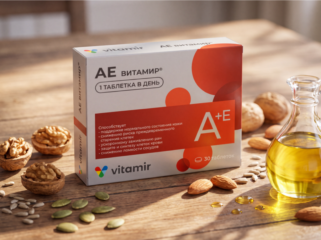 Продукт Витамин АЕ VITAMIR с дозировкой 100 мг Е и 3 мг А
